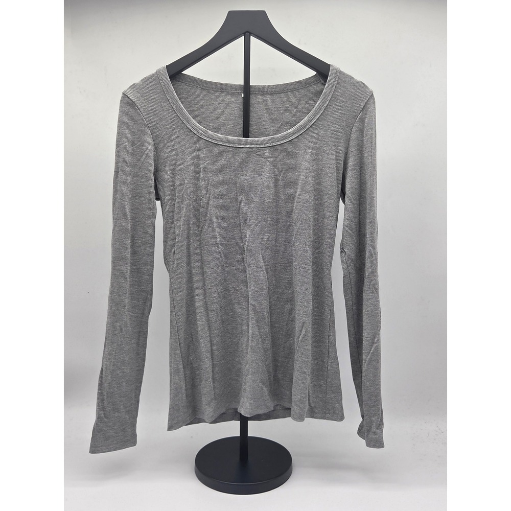Women's Gray Ribbed Scoop Neck Long Sleeve Top Size L Rayon Blend 101-831